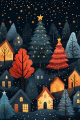 Wall Mural - risograph printing illustrator a seamless pattern with cute Christmas trees for festive packaging design