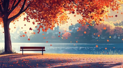 Wall Mural - Autumn park with bench and maple leaves