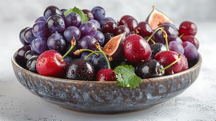 Wall Mural - A bowl overflowing with fresh grapes, figs, and cherries on isolated white background