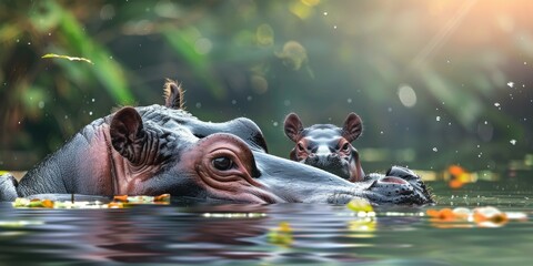 Wall Mural - Young pygmy hippopotamus and its mother swimming in the water.