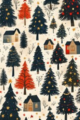 Sticker - risograph printing illustrator a seamless pattern with cute Christmas trees for festive packaging design