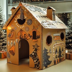 Poster - A cardboard house decorated with Christmas patterns and lights.