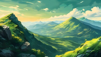 Abstract illustration of digital green mountain tops creating a serene and vibrant poster background