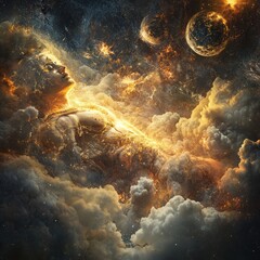 Poster - A celestial being, bathed in golden light, floats amidst clouds and stars, surrounded by distant planets.