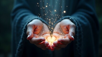 Mystical hands of an elderly witch holding sparkling particles of the universe in the dark - concept of magical radiance