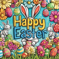 Wall Mural - A cheerful Easter greeting with a bunny holding an egg surrounded by flowers and eggs.