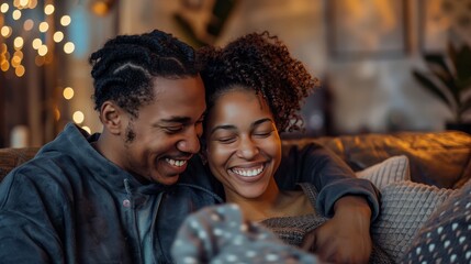 Wall Mural - Intimate moment  couple on couch sharing laughter and joy in a cozy, relaxed setting