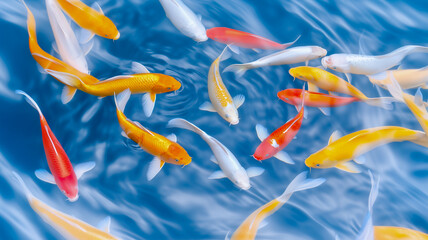 Wall Mural - A captivating image of a school of colorful koi fish swimming gracefully in a serene blue pond. 