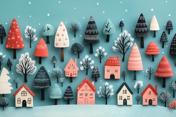 Wall Mural - risograph printing illustrator a seamless pattern with cute Christmas trees for festive packaging design