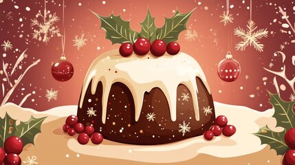 Canvas Print - A Christmas pudding with holly and berries, topped with white icing and surrounded by snowflakes and ornaments.