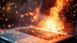 © Paul - A laptop bursting into pieces, surrounded by flames, front view, conveying intense destruction, digital tone, Tetradic color scheme