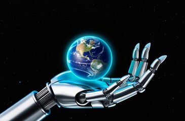 Wall Mural - Silver robotic hand gripping a small, illuminated planet Earth, floating in a black void with scattered stars. Made with generative AI technology
