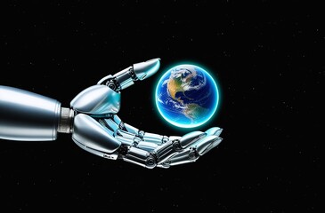 Wall Mural - Silver robotic hand gripping a small, illuminated planet Earth, floating in a black void with scattered stars. Made with generative AI technology