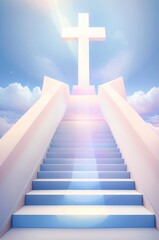 Soft pastel stairway to heaven with a glowing cross at the top, symbolizing the path to salvation, created with generative AI technology