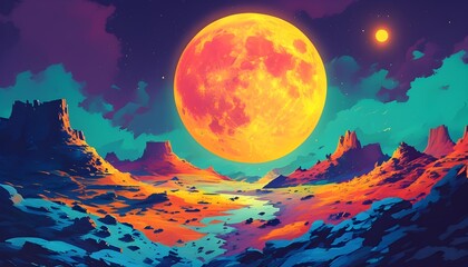 Moonlit Digital Terrain Illustration with Vibrant Colors