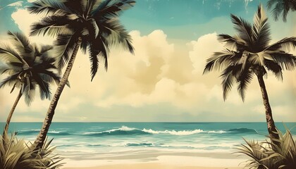 Vintage beach scene with palm trees and a nostalgic illustration style