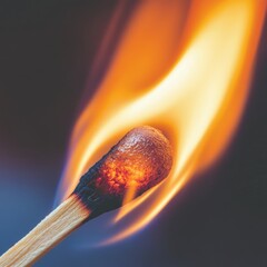 Wall Mural - A close-up of a matchstick burning with a bright orange flame against a dark background.