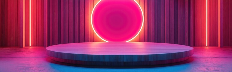 Poster - 3D rendering studio featuring minimalist shapes and a podium on the floor Platforms designed for product presentation with an abstract background and a wooden backdrop