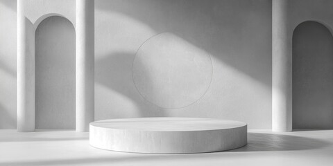 Wall Mural - Minimalistic grey abstract background featuring a cylindrical podium with geometric shapes designed as a stage for showcasing products 3D rendering