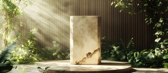 Aufkleber - Elegant stone pedestal surrounded by soft foliage and dappled sunlight A wooden backdrop enhances depth and sophistication perfect for high end product displays and refined designs