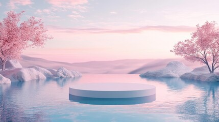 Poster - Premium 3D Abstract minimalistic design showcasing an empty podium surrounded by a tranquil pond with a blue pink sky backdrop for product display in portrait orientation