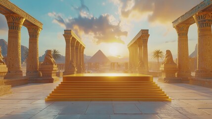 a vibrant 3d podium with polished gold trim, floating above an ancient egyptian temple with statues 