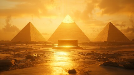 A glowing, glass-like 3D podium set in front of the ancient pyramids, with warm golden light shining on the desert and casting long, bold shadows