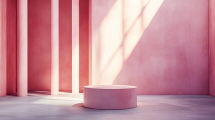 Poster - Podium display with a cylindrical pedestal Realistic modern 3D rendering for product presentation Abstract pastel minimal wall backdrop in a studio setting