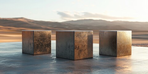 Poster - Abstract representation of primitive architectural forms featuring three cubes with a metallic finish 3D rendering product demonstration mockup