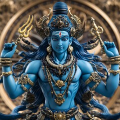 Canvas Print - A close-up of Shiva, a Hindu deity, with a blue body, long hair, and holding a trident and a staff.