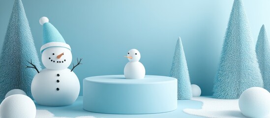 Festive background featuring Christmas trees a snowman and an empty pedestal in blue Ideal podium for showcasing products or cosmetics with a 3D illustration of geometric shapes