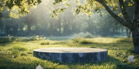 Wall Mural - Abstract realistic 3D render of a spring setting featuring a stone podium on a grassy field in a forest ideal for product presentation advertising or mockups