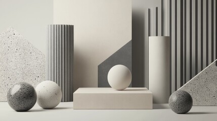 Poster - Composition of geometric shapes in gray tones featuring 3D rendering