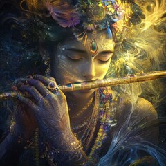 Sticker - A close-up portrait of a Hindu deity playing a flute, surrounded by ethereal golden light and flowers.