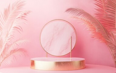 Aufkleber - Marble gold podium mockup featuring a pink palm leaf overlay against a pink backdrop embodying a tropical summer theme with a minimalist and abstract aesthetic ideal for banners and product advert