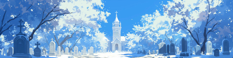 cemetery landscape. styled like an anime or game background. blue sky, sunset, sunrise, night, fog, 