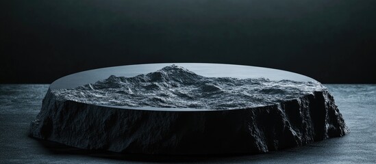 Leinwandbilder - Minimalistic black circular podium with a rough rock surface resembling a meteorite on a mountain showcasing light and shadow effects