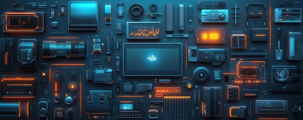 Tech gadgets flat design top view electronics animation vivid