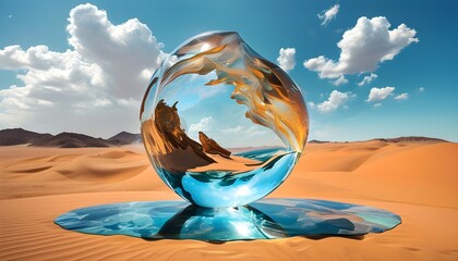 Abstract desert glass ocean sculpture with vibrant colors and textures, perfect for a modern poster background design