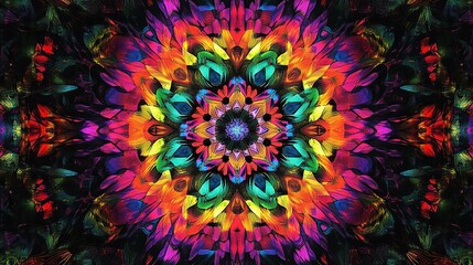 Wall Mural - Vibrant kaleidoscopic design with colorful floral patterns.