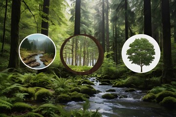 Collage style nature outdoors, environmental cycles of life, forest bathing, circles of nature, outdoors fresh air refreshing calming natural woods water land sky, unitarian Generative AI