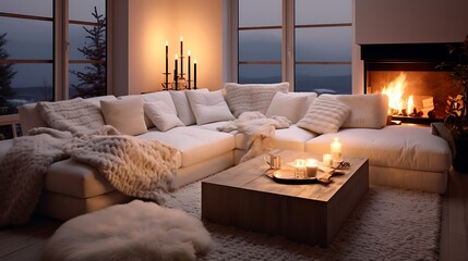 A cozy living room with a white sectional sofa and plush rug against a softly lit white background, enhanced by warm accent lighting for a cozy ambiance.