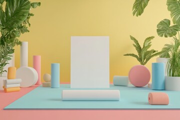 Wall Mural - A colorful room with a white box on a blue mat