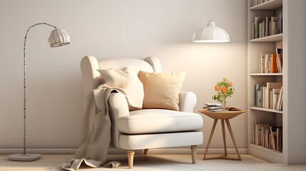 A cozy reading nook with a white armchair and floor lamp against a softly lit white background, inviting relaxation and immersion in a good book.