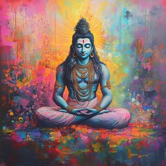 Wall Mural - A colorful painting of Shiva, a Hindu god, meditating in a peaceful setting.