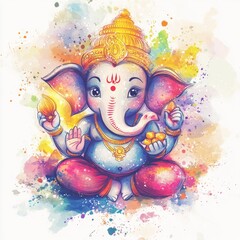 Wall Mural - A colorful watercolor illustration of Lord Ganesha, the Hindu god of wisdom and prosperity.