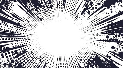 Black and White Abstract Pattern with Dots and Lines Radiating Outward from a Center Point