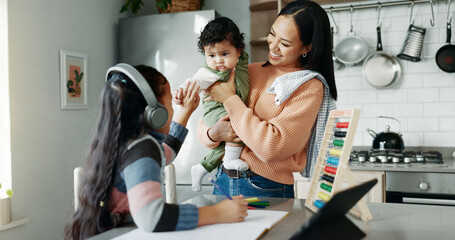 Poster - Tablet, education and child with mom and baby for online learning, school project and lesson. Family, digital tech and young girl with homework for knowledge, studying and test with mother in home