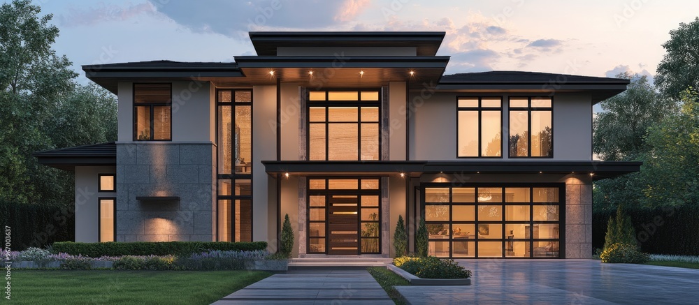 3D rendering of a modern house with a contemporary design featuring ...