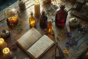 A table with a book open and candles lit